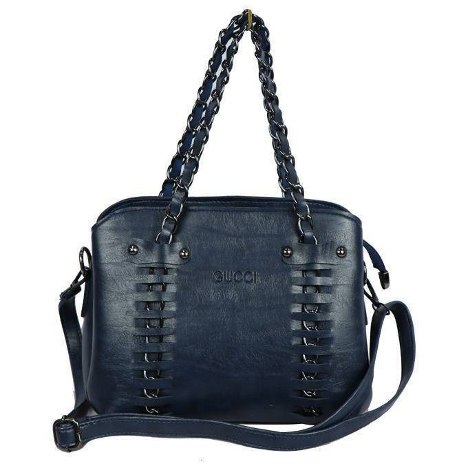 Navy Blue Artificial Leather Bucket Shoulder Bags